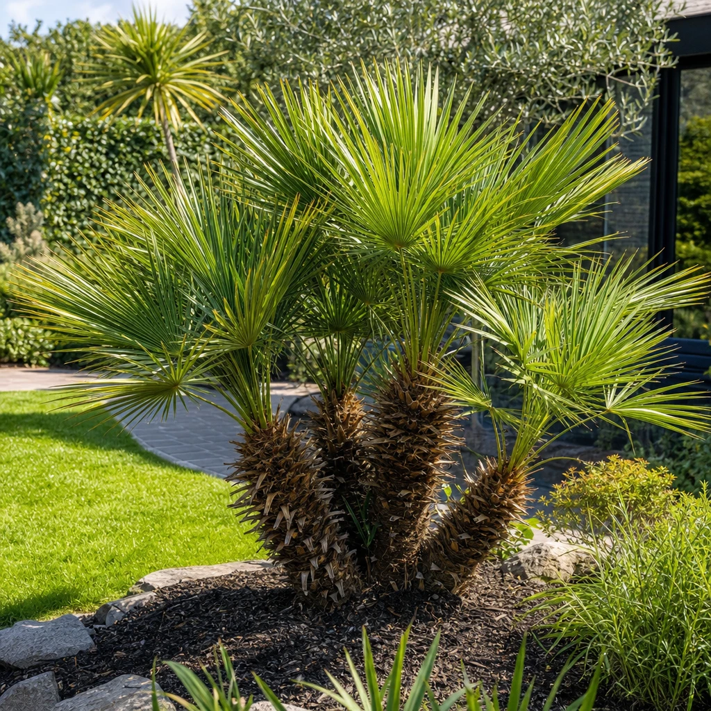 Goed verzorgde meerstammige Chamaerops humilis met diepgroene waaiervormige bladeren op een zonnige standplaats in een Nederlandse tuin