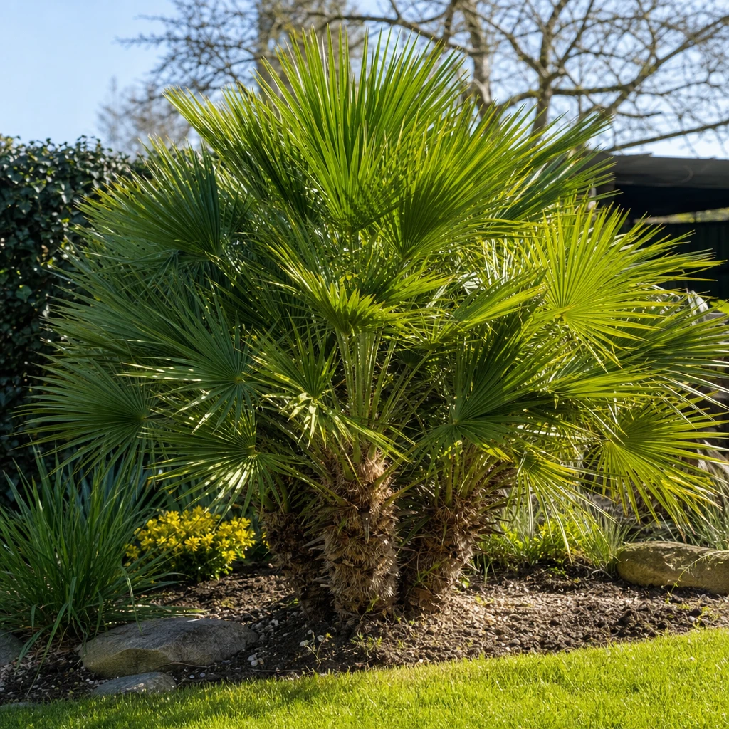 Goed verzorgde Chamaerops humilis met waaiervormige bladeren op een zonnige, zuidgerichte standplaats in een Nederlandse tuin