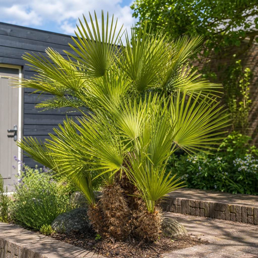 Volwassen Chamaerops humilis met kenmerkende waaiervormige bladeren op een zonnige standplaats in een Nederlandse tuin