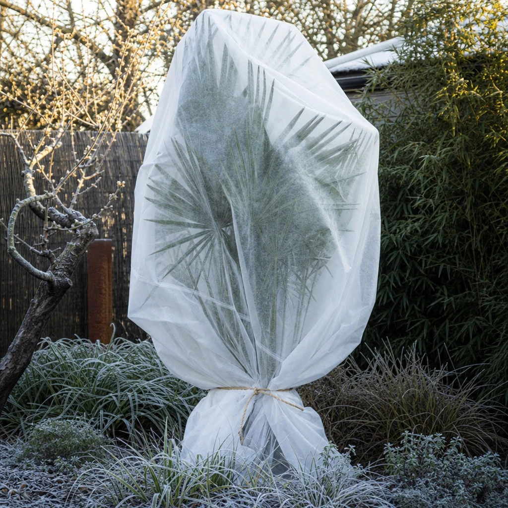 Chamaerops humilis met vliesdoek beschermd tegen wintervorst in een Nederlandse tuin, bladeren losjes bijeengebonden en groeikern afgedekt