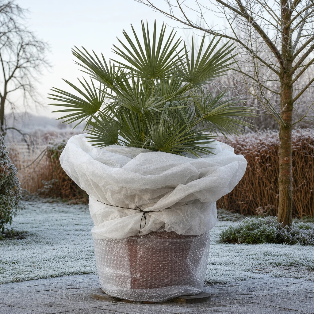Chamaerops humilis kuippalm ingepakt met vliesdoek en bubbeltjesfolie op een terras tijdens wintervorst in Nederland