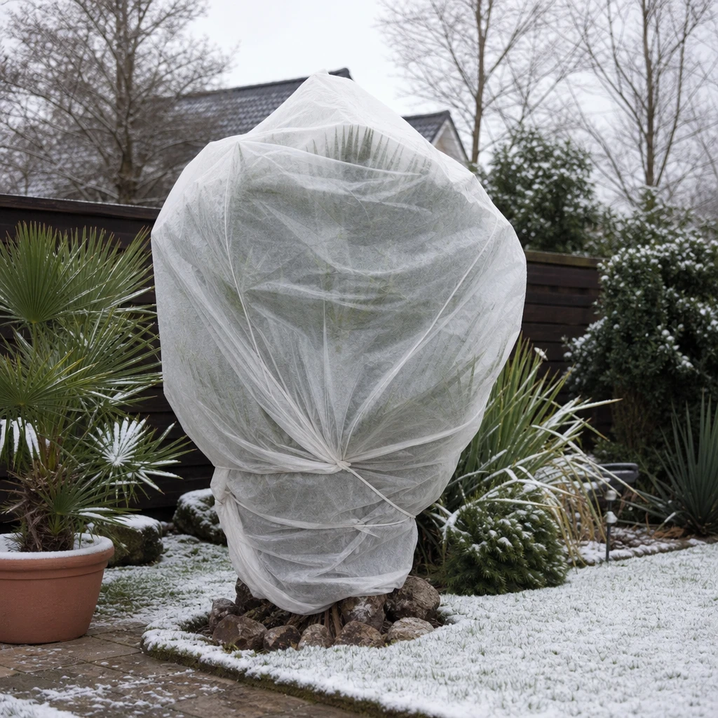 Volwassen Chamaerops humilis beschermd tegen wintervorst in een Nederlandse tuin met vliesdoek over de groeikern en mulchlaag rondom de stambasis