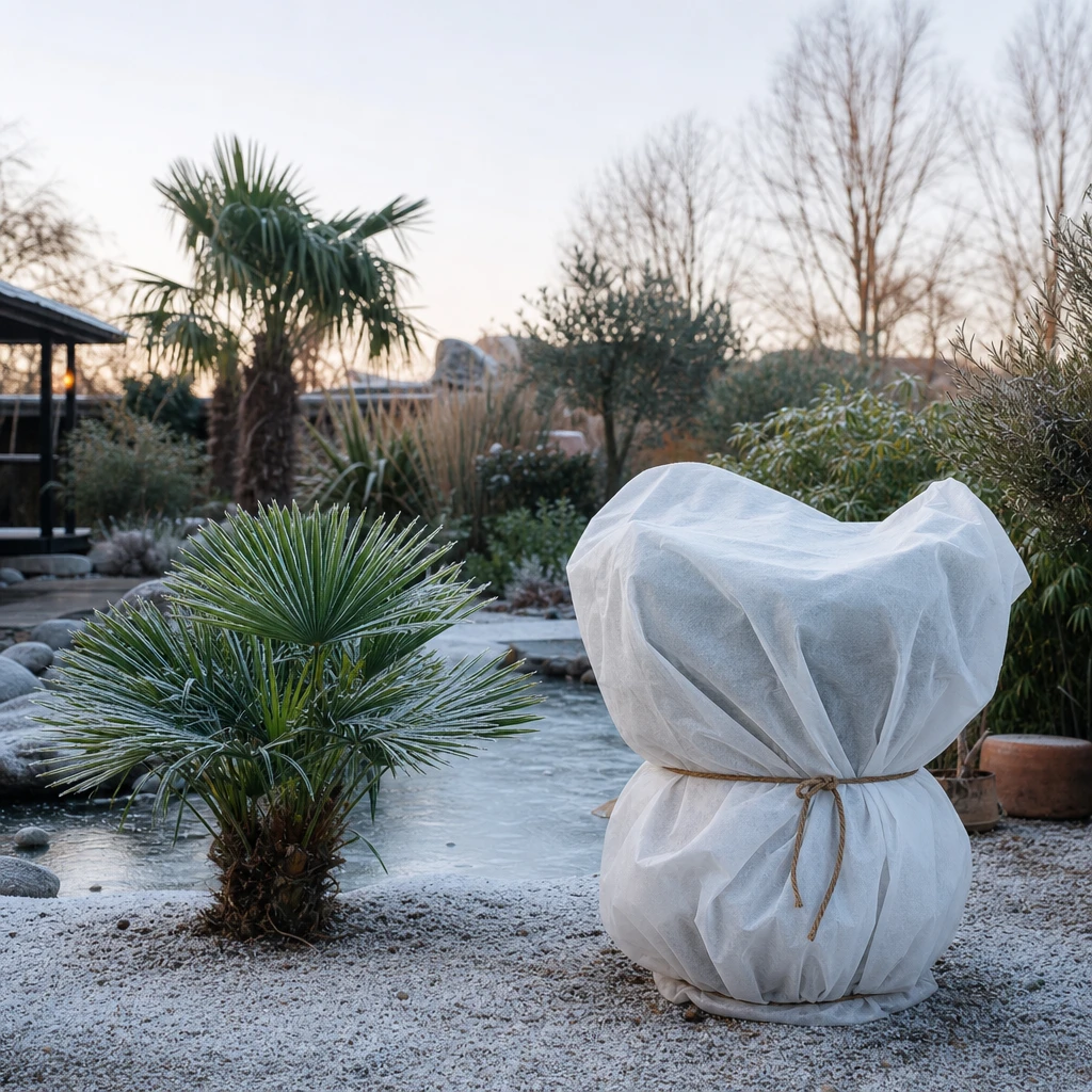 Volwassen Chamaerops humilis beschermd tegen wintervorst in een Nederlandse tuin, groeikern afgedekt met vliesdoek en mulchlaag rondom de stambasis