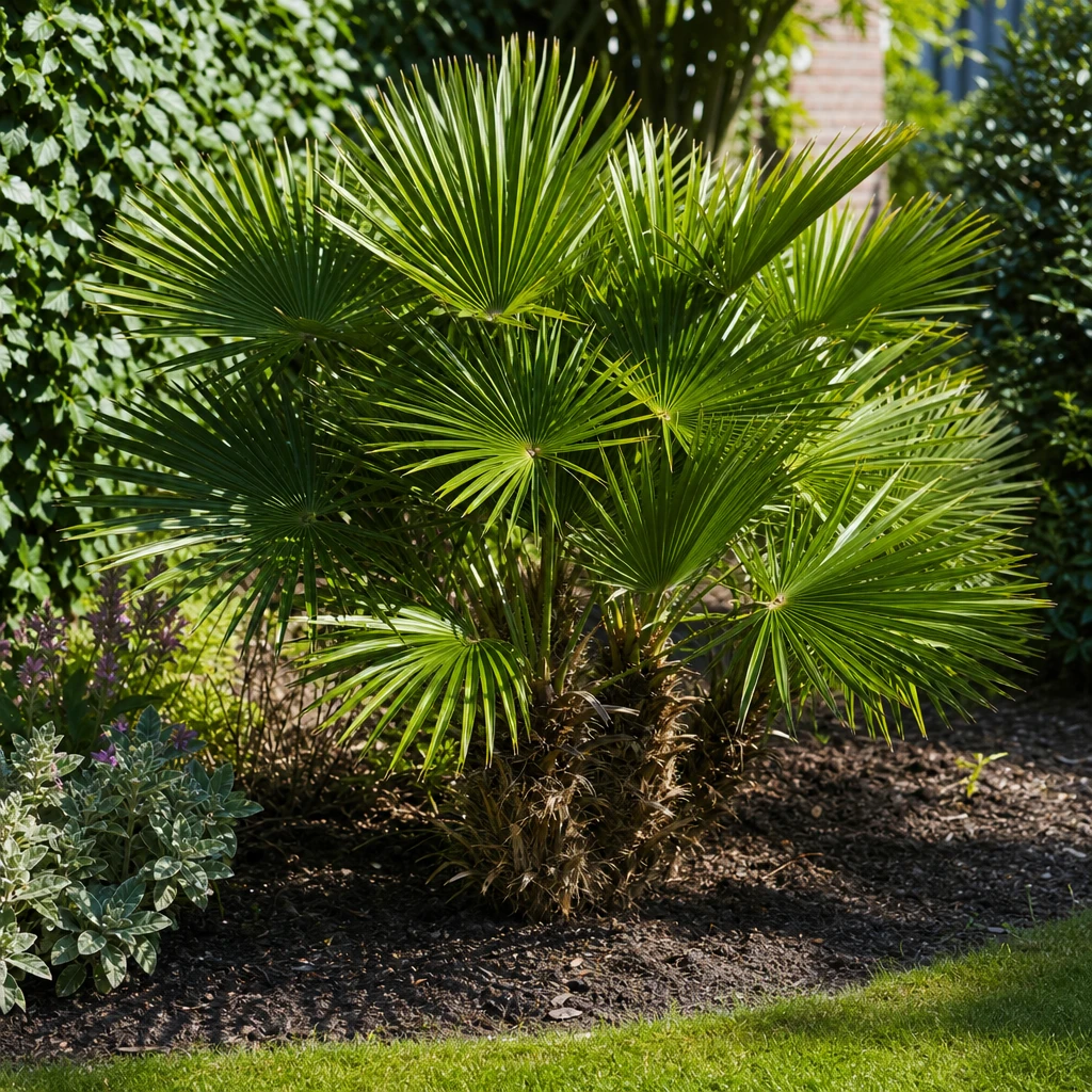 Goed gevoede Chamaerops humilis met diepgroene, compacte waaiervormige bladeren op een zonnige standplaats in een Nederlandse tuin, zichtbaar gezond en krachtig na toepassing van rietcelbacteriekorrels