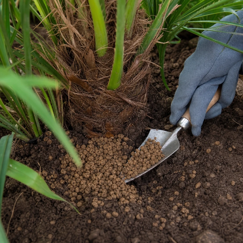 Rietcelbacteriekorrels ingewerkt rondom de stambasis van een Chamaerops humilis in een Nederlandse tuin, gezonde diepgroene waaiervormige bladeren zichtbaar