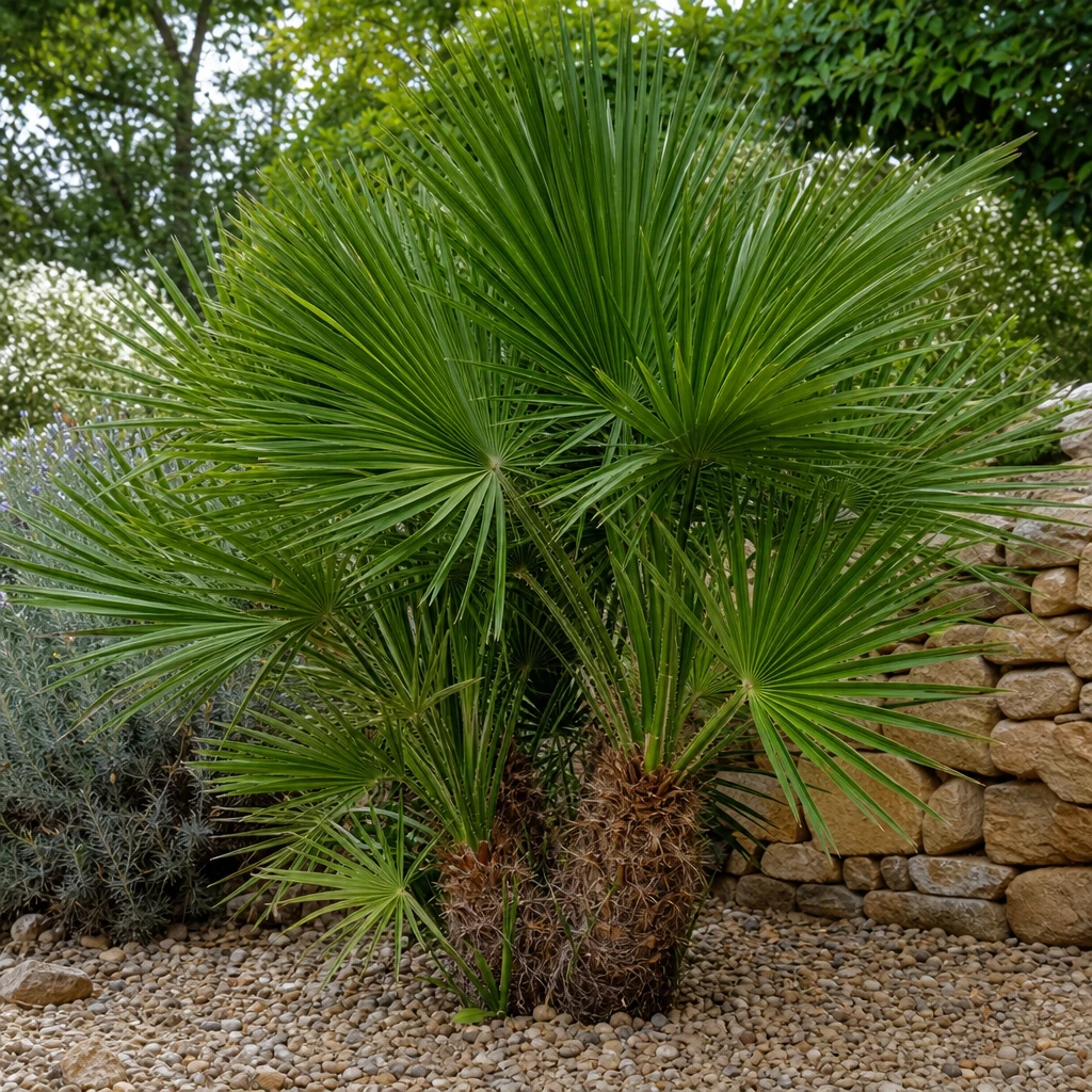 Vitale Chamaerops humilis met diepgroene, compacte waaiervormige bladeren op een zonnige standplaats in een Nederlandse tuin, zichtbaar gezond dankzij jaarlijkse voeding met rietcelbacteriekorrels
