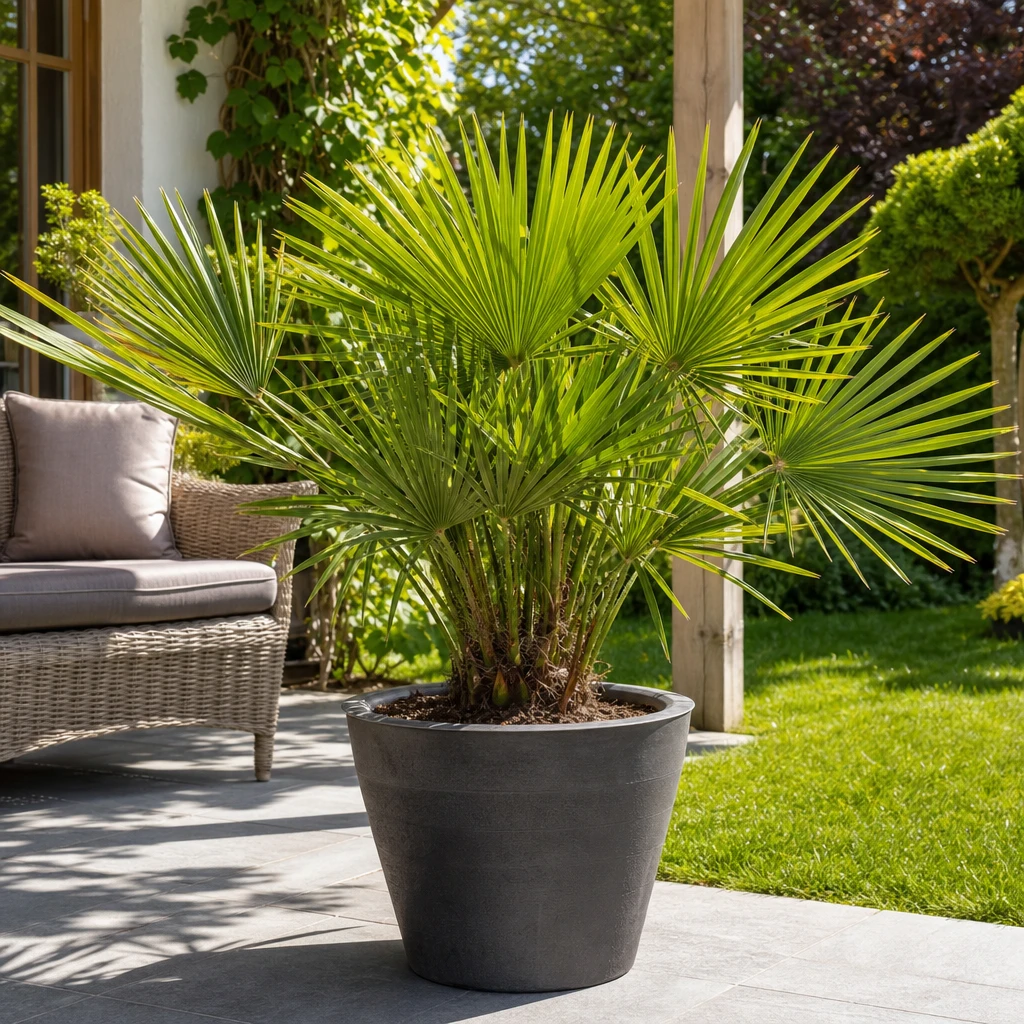 Chamaerops humilis op een zonnig terras in een Nederlandse tuin