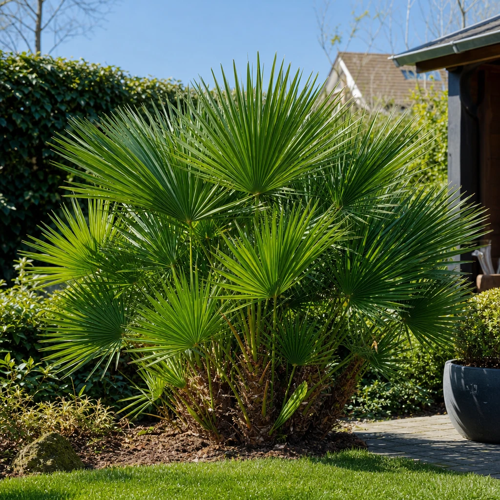 Vitale Chamaerops humilis met diepgroene, compacte waaiervormige bladeren op een zonnige standplaats in een Nederlandse tuin, jaarlijks gevoed met rietcelbacteriekorrels voor optimale groei en winterhardheid