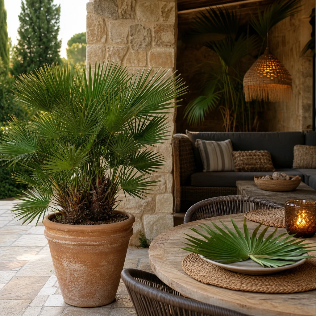 Sfeervol ingericht terras met een Chamaerops humilis in een terracotta kuip, pal naast een zithoek met linnen kussens en een tafel waarop palmbladeren als borden zijn neergelegd