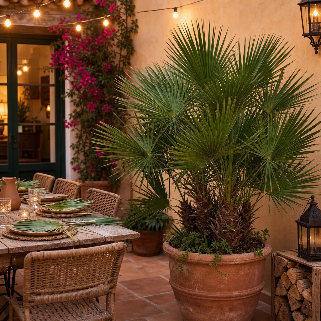Sfeervol terras met een Chamaerops humilis als blikvanger, verlicht met lantaarns en een tafel gedekt met palmbladeren als borden