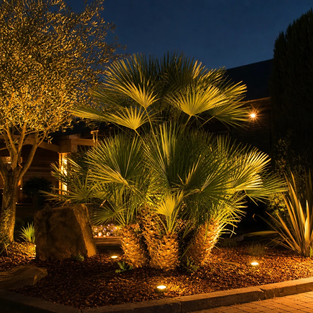 Chamaerops humilis met grondverlichting die de waaiervormige bladeren accentueert in een sfeervolle avondtuin