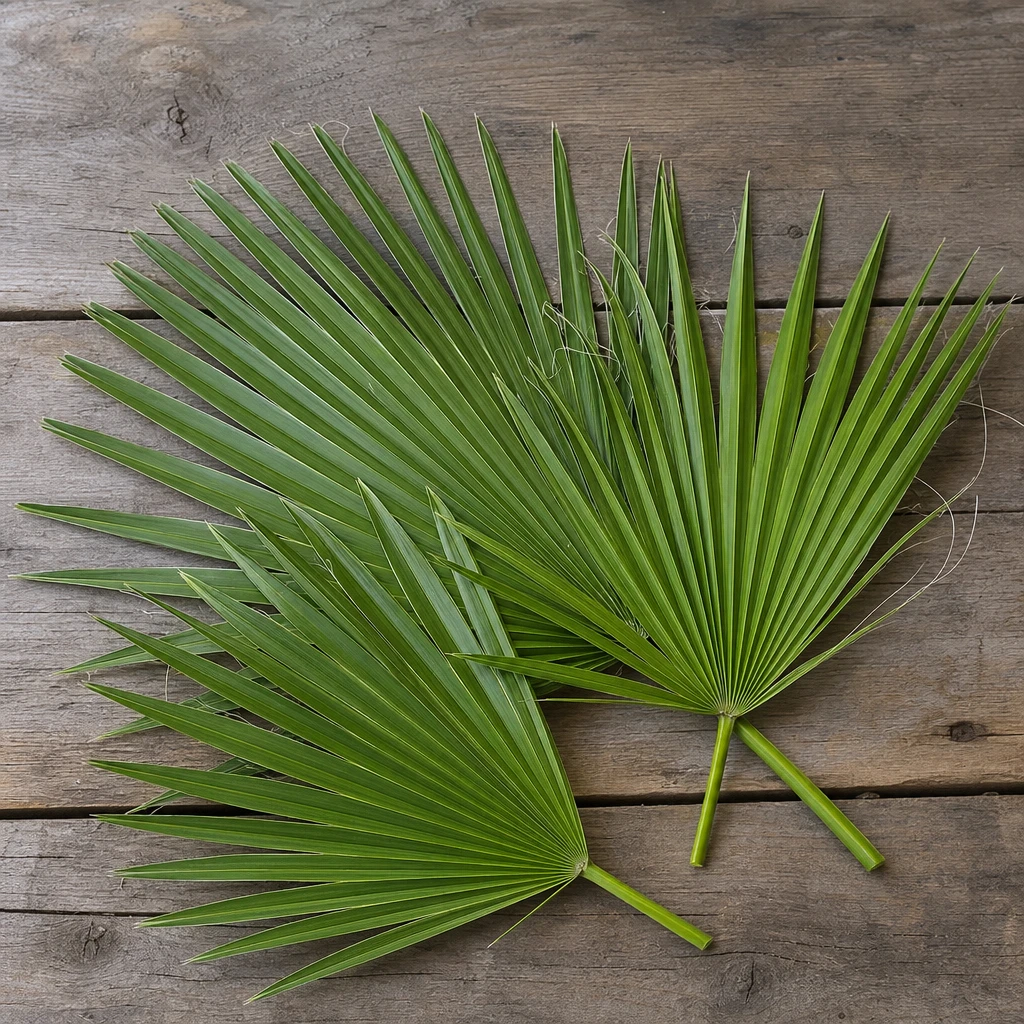 Decoratief gebruik van Chamaerops humilis bladeren als borden voor een mediterrane maaltijd