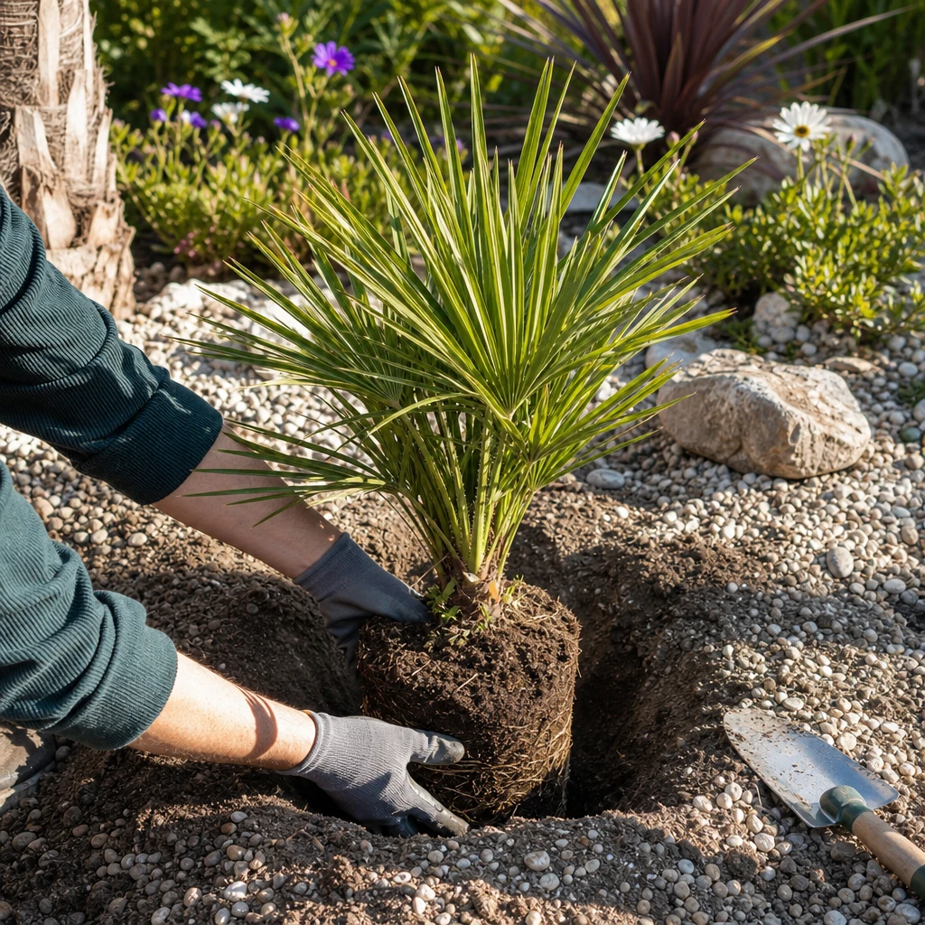 Persoon plant een jonge Chamaerops humilis in de volle grond op een zonnige, goed doorlatende plek, met handschoenen en een plantschepje