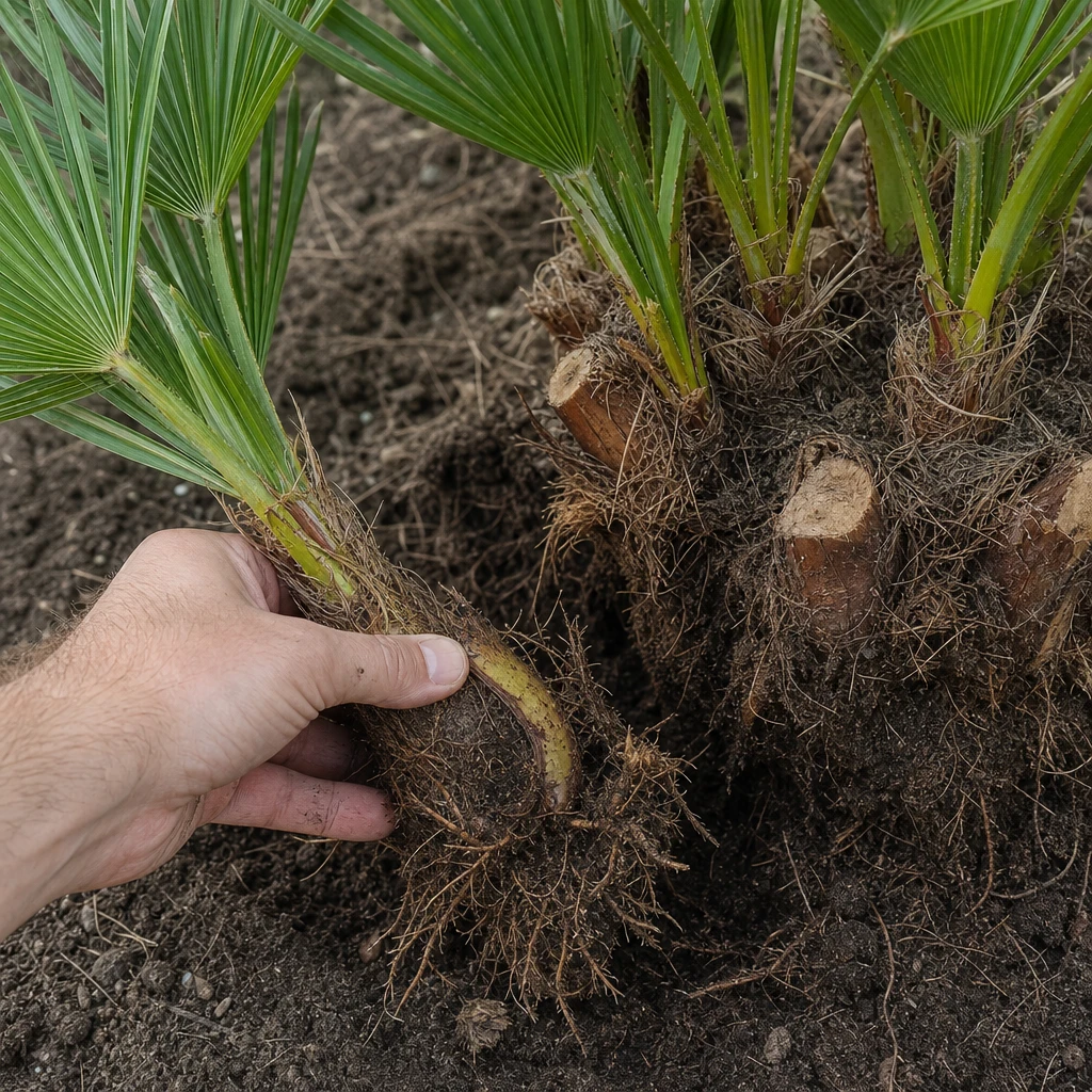 Close-up van een tuinier die met een scherp mes een bewortelde zijscheut van een Chamaerops humilis losmaakt, met de moederpalm op de achtergrond.