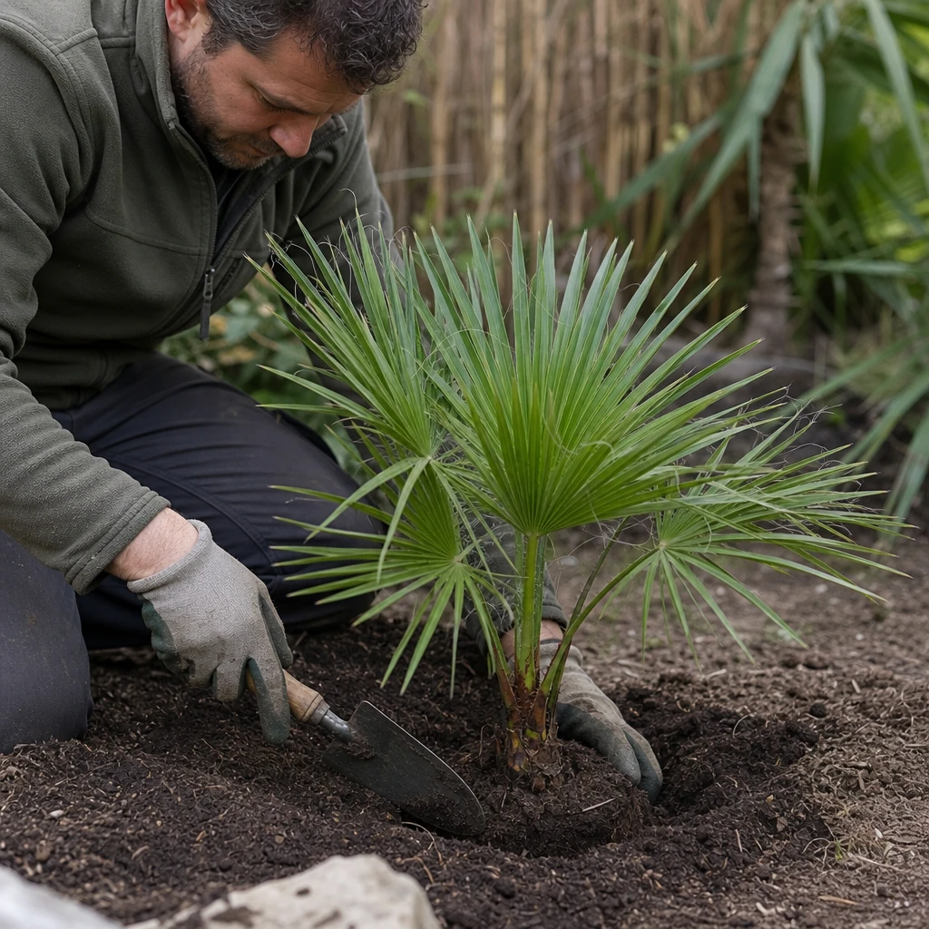 Tuinier plant een jonge Chamaerops humilis in de volle grond met voorbereide drainage en handschoenen