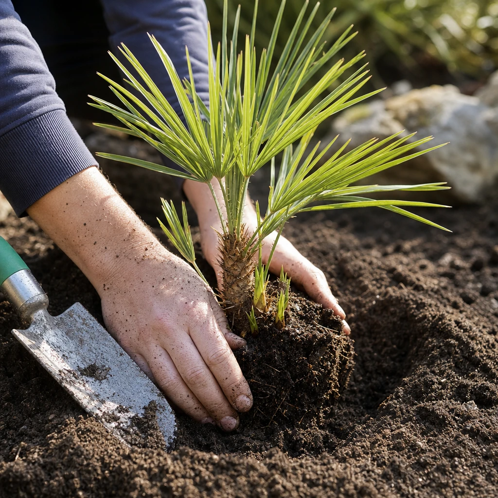 Twee handen plaatsen een jonge Chamaerops humilis in een voorbereid plantgat op een zonnige dag, met grof zand en een plantschepje ernaast