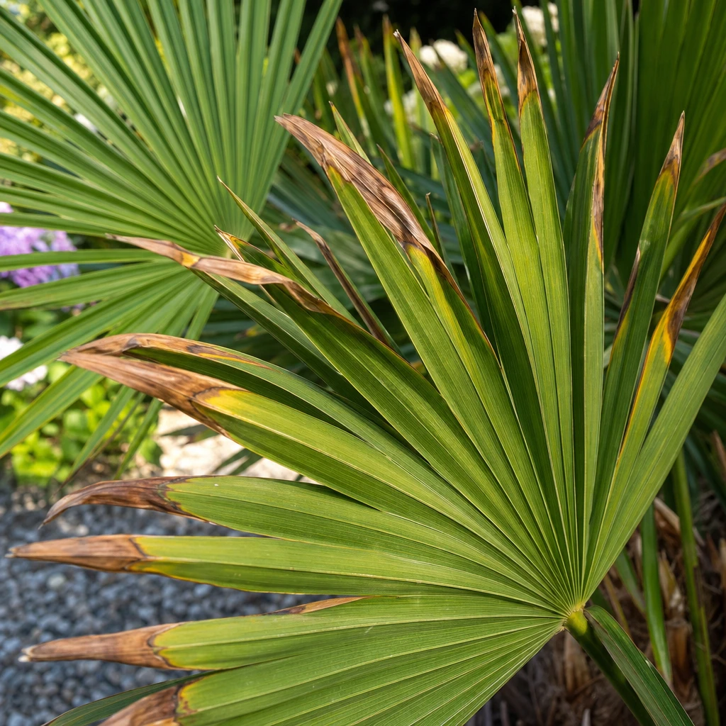 Close-up van een Chamaerops humilis blad met bruine punten naast een gezonde, diepgroene kern