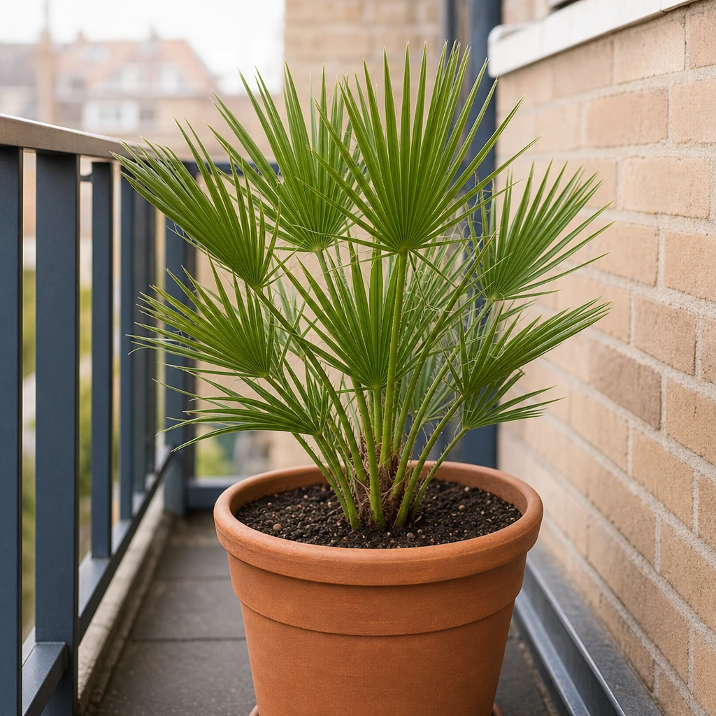 Jonge Chamaerops humilis in terracotta kuip op een stadsbalkon