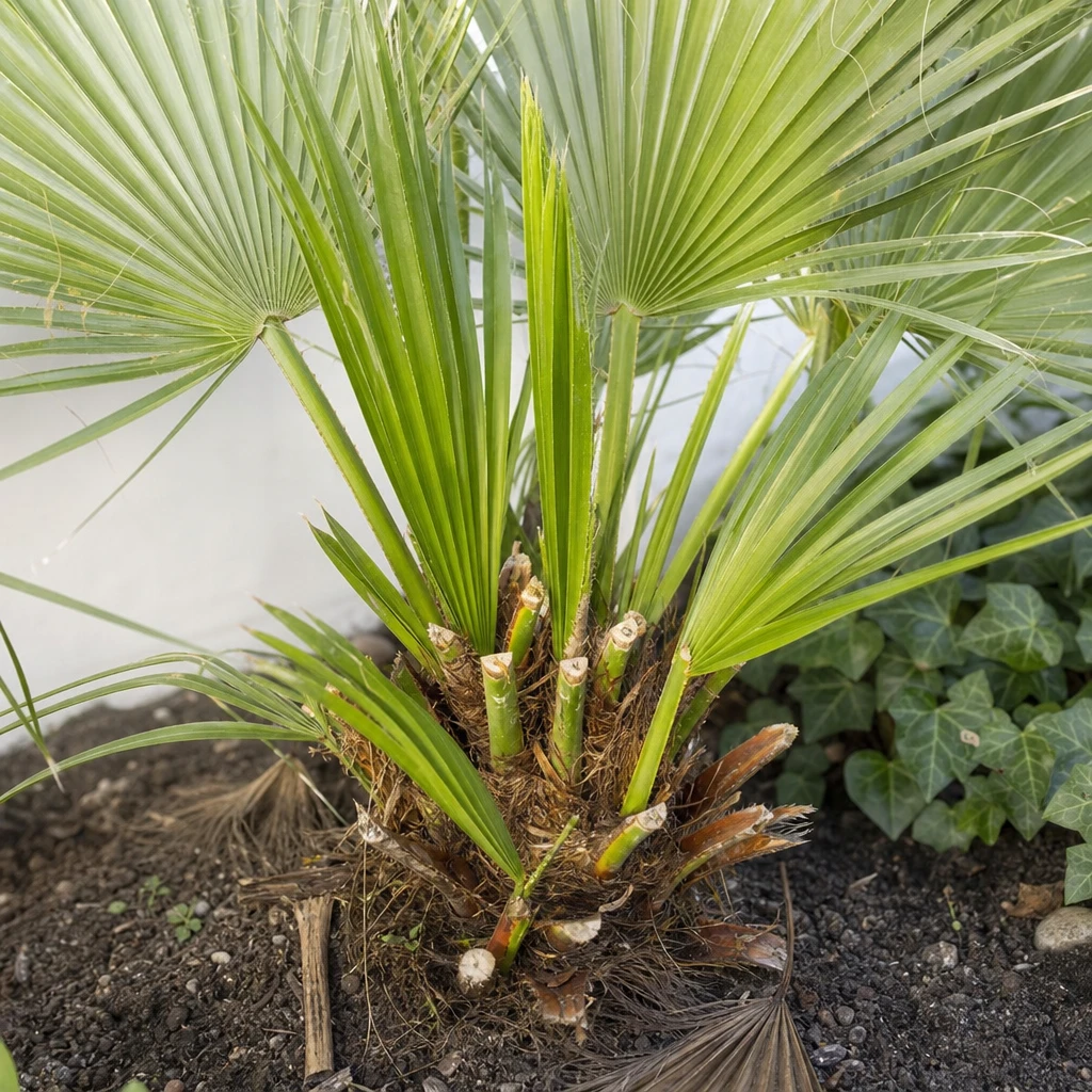 Chamaerops humilis met een frisse nieuwe scheut en herstellende bladeren na gerichte verzorging tegen bruine punten
