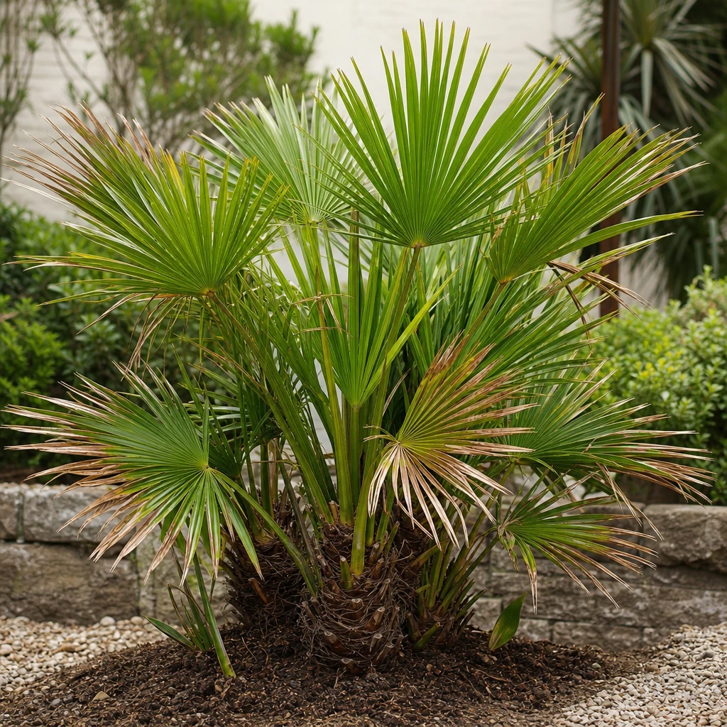 Herstellende Chamaerops humilis met frisse groene scheut te midden van bruine bladpunten in een Nederlandse tuin