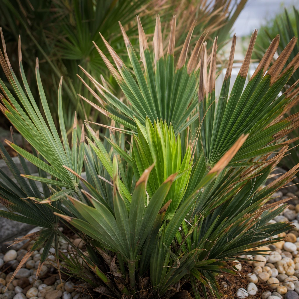 Close-up van een Chamaerops humilis blad met bruine punten en een gezonde, groene kern