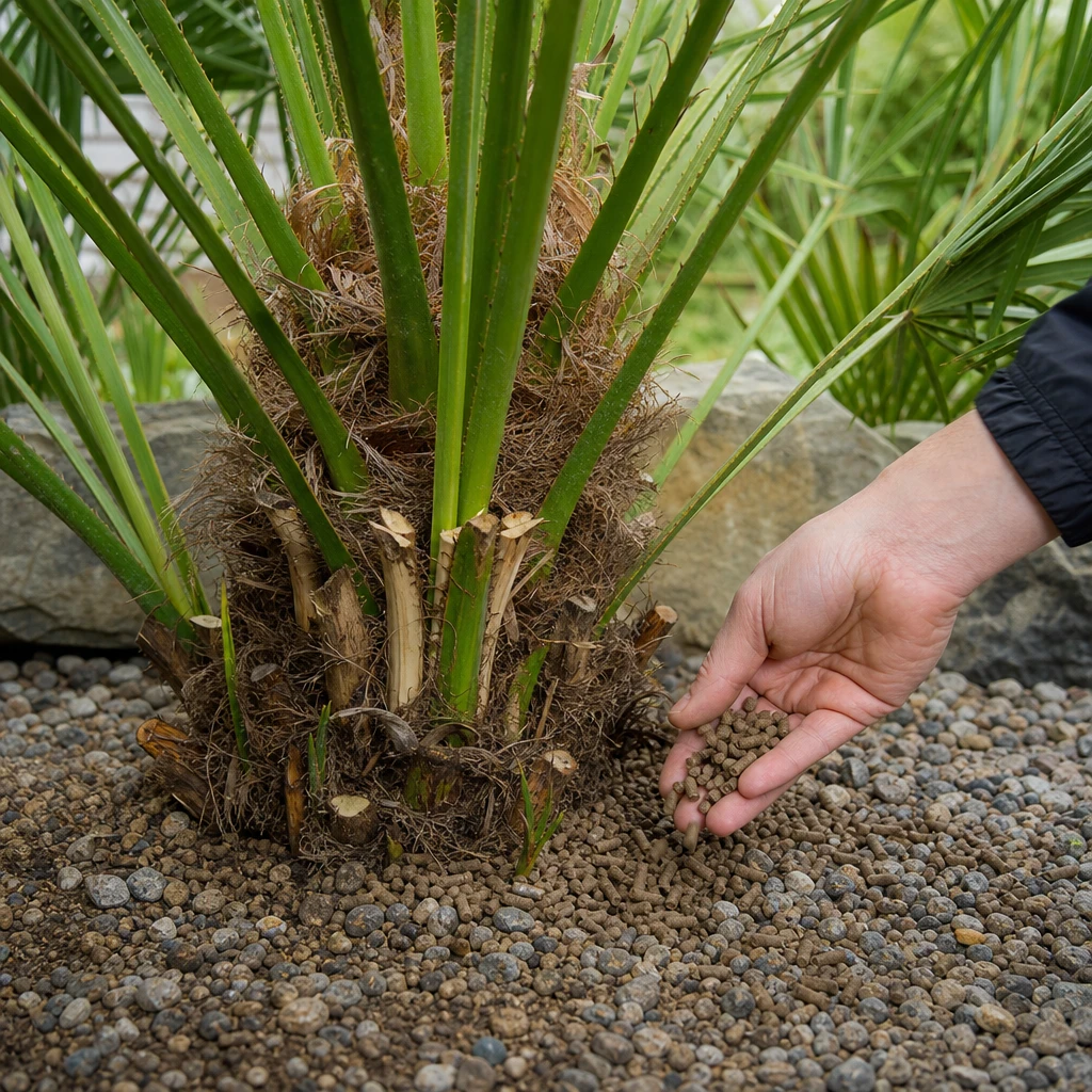 Rietcelbacteriekorrels worden toegepast bij een Chamaerops humilis in een terracotta pot op een zonnig terras