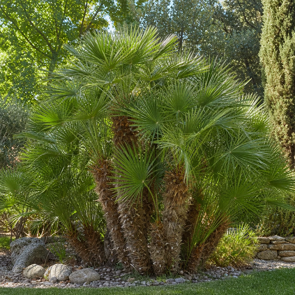 Volwassen meerstammige Chamaerops humilis met waaiervormige bladeren in tuin