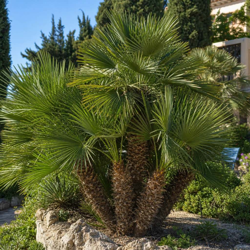 Volwassen Chamaerops humilis met waaiervormige bladeren in een zonnige tuin