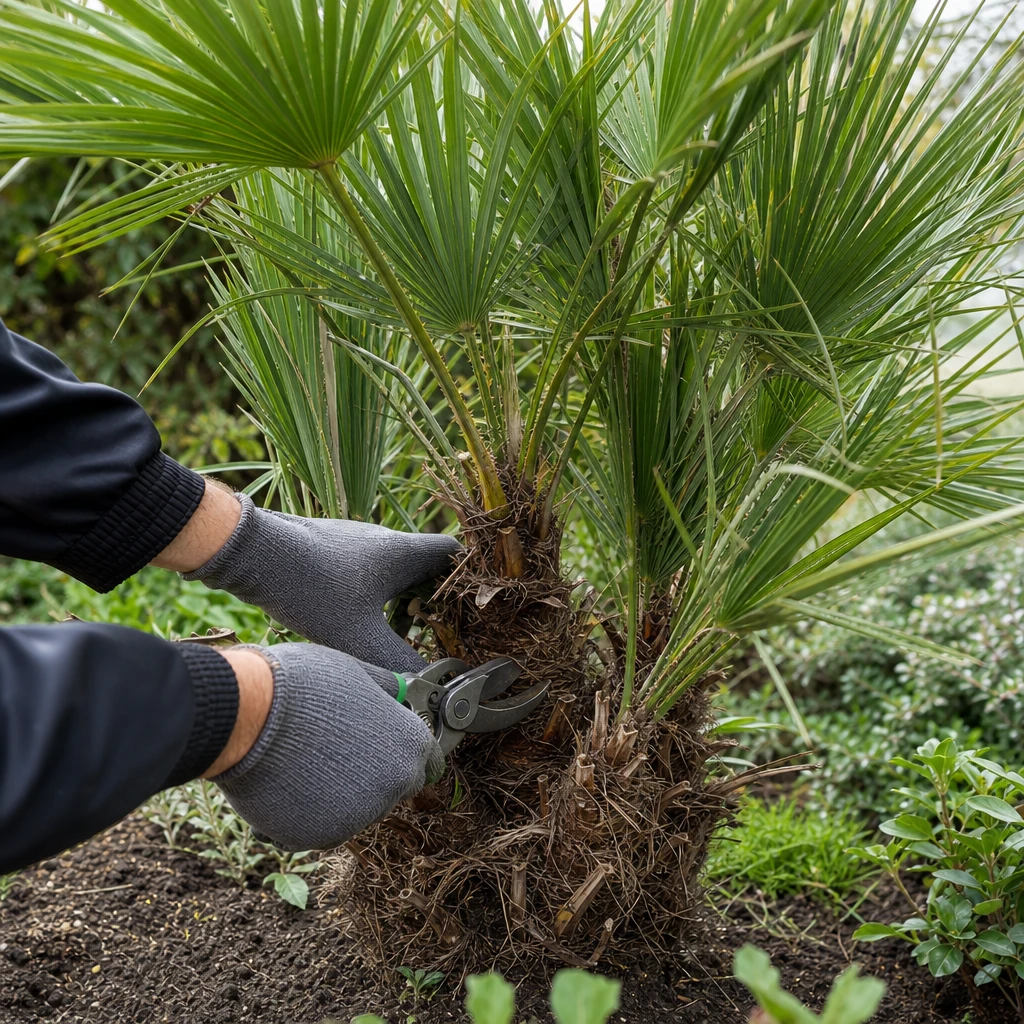 Verzorger die afgestorven bladeren verwijdert bij een meerstammige Chamaerops humilis in een Nederlandse tuin