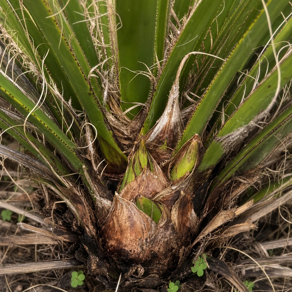 Close-up van de groeikern van een Chamaerops humilis na de winter, omgeven door nieuwe scheuten in een Nederlandse tuin