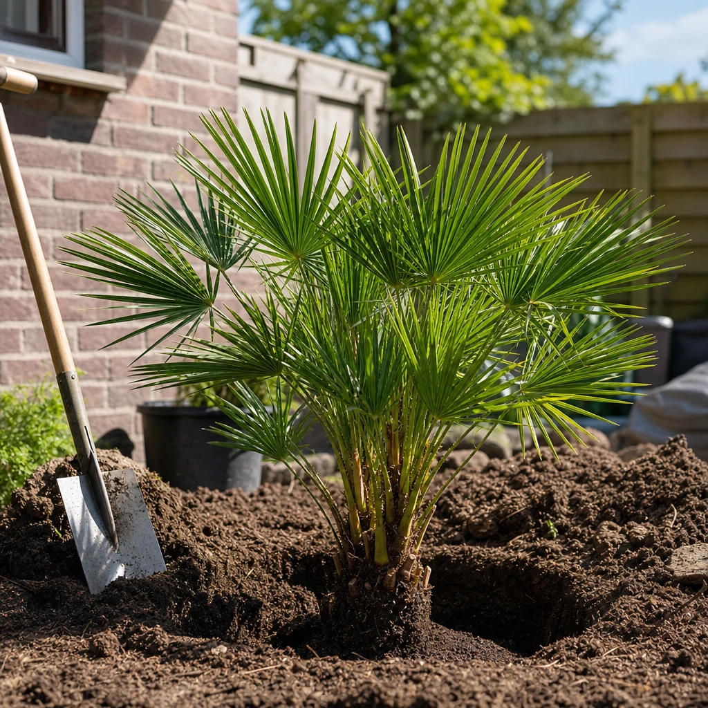 Tuinier plant een jonge Chamaerops humilis uit in een goed doorlatende, zonnige standplaats in een Nederlandse tuin
