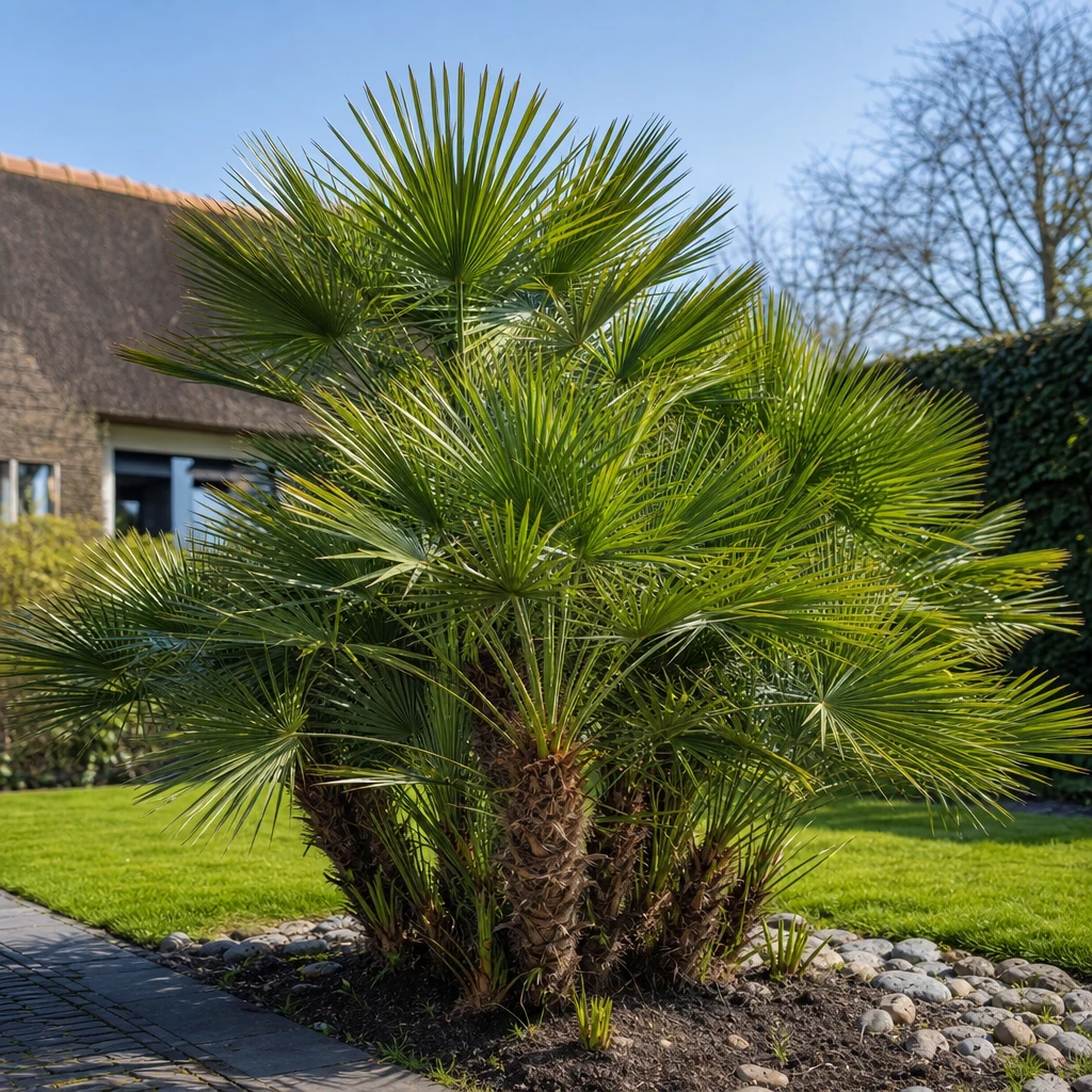 Volwassen Chamaerops humilis met kenmerkende waaiervormige bladeren op een zonnige, zuidgerichte standplaats in een Nederlandse tuin